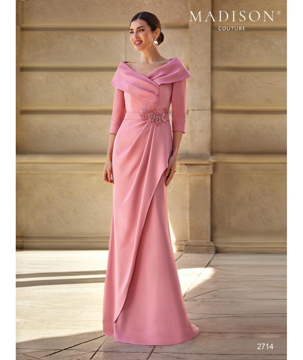 Dusty pink mother of the bride gown 2714 with crossed neckline and crystal waist appliqué
