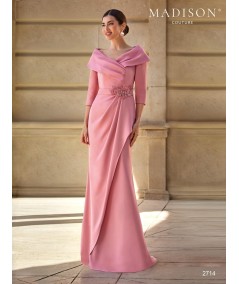 Dusty pink mother of the bride gown 2714 with crossed neckline and crystal waist appliqué