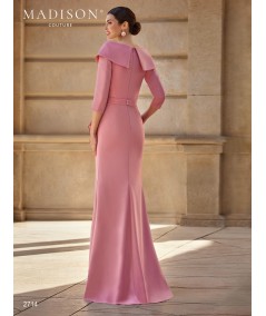 Back view of dusty pink gown 2714 with broad shoulder neckline and three-quarter sleeves