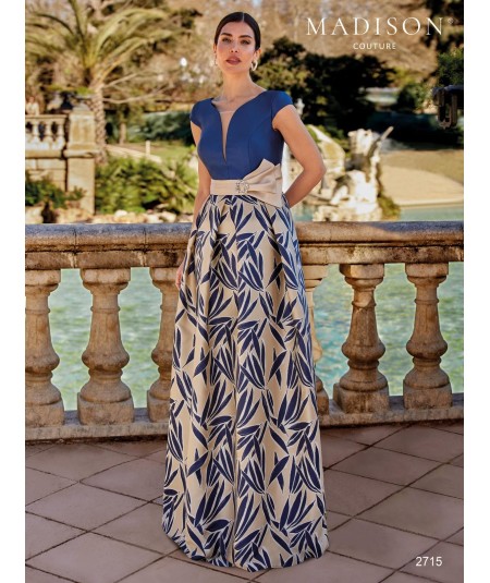 Navy and beige mother of the bride gown 2715 with botanical jacquard skirt and bow belt