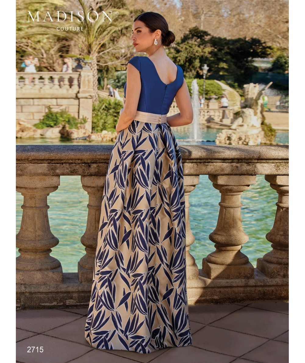 Navy and beige mother of the bride gown 2715 with botanical jacquard skirt and bow belt