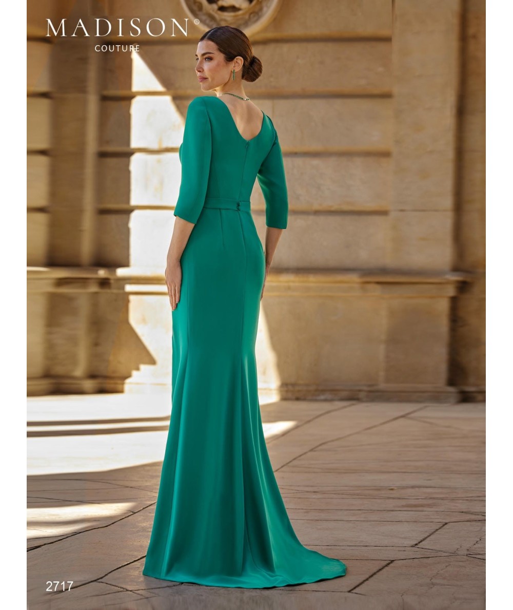 Emerald green mother of the bride gown 2717 with square neckline, flowers and front slit