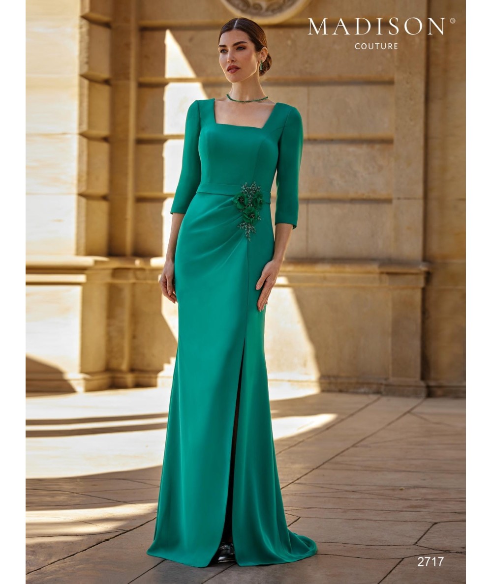 Emerald green mother of the bride gown 2717 with square neckline, flowers and front slit