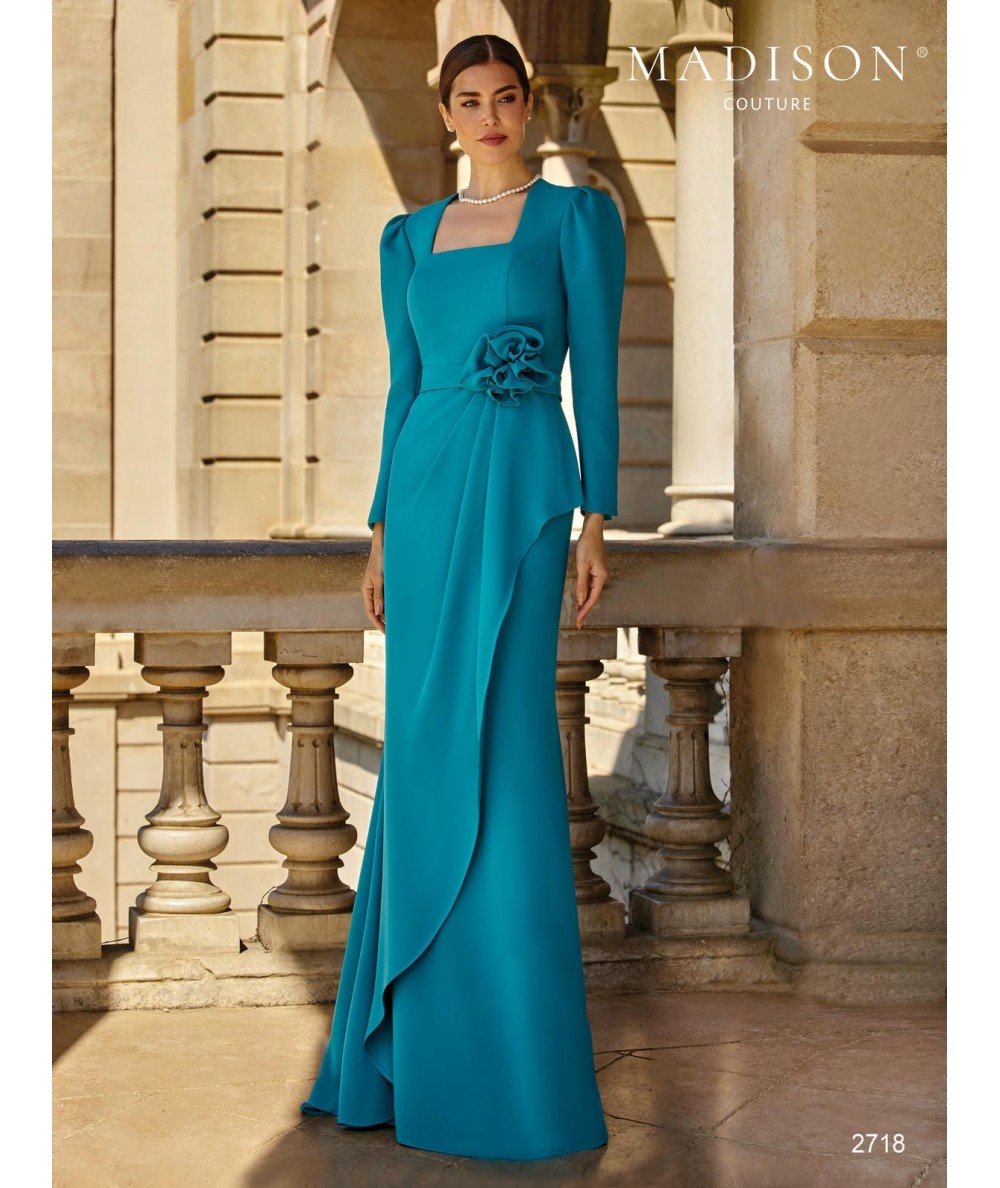 Long mother of the bride dress 2718 with square neck and floral waist detail