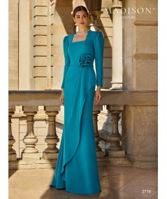 Long mother of the bride dress 2718 with square neck and floral waist detail