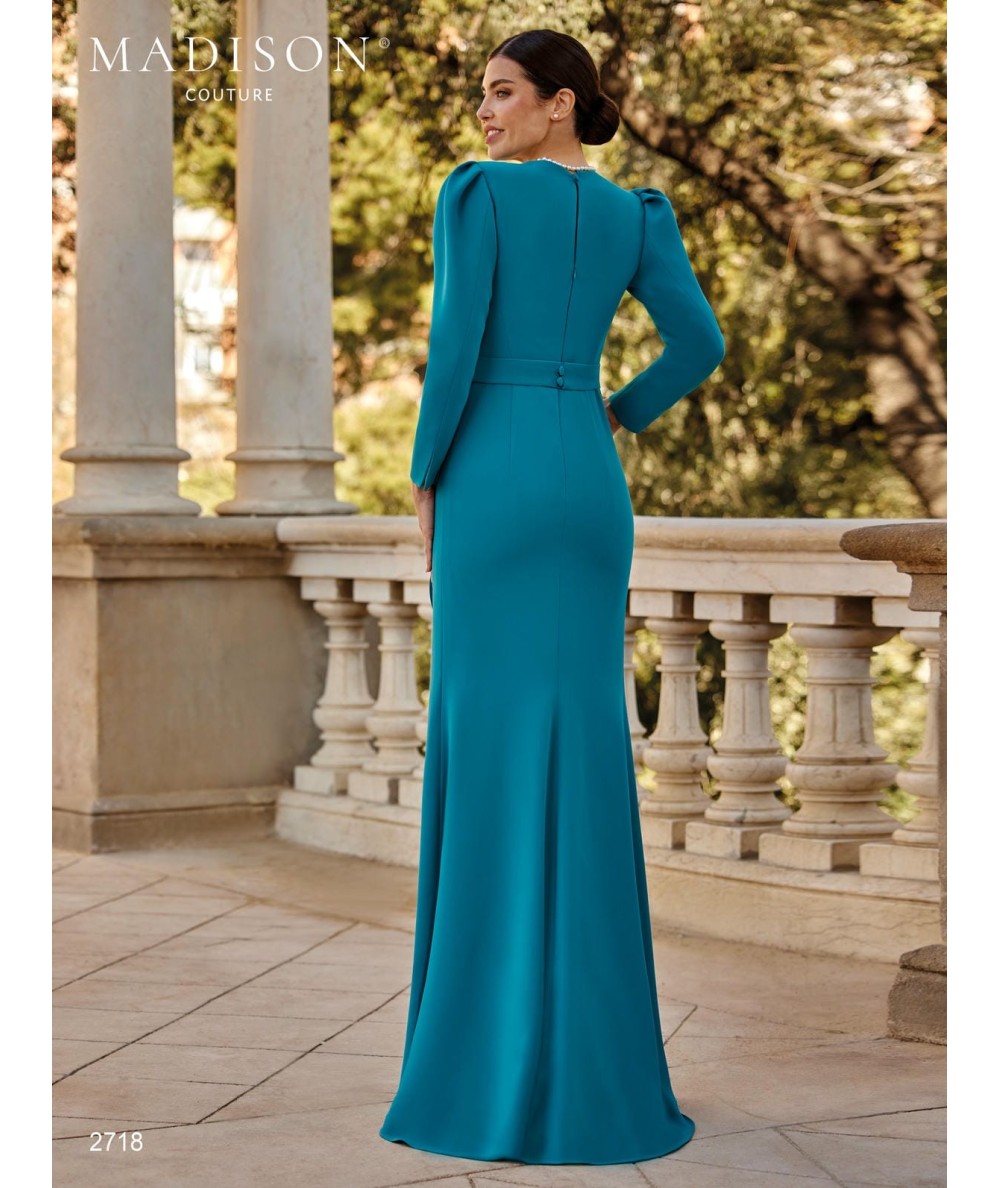 Long mother of the bride dress 2718 with square neck and floral waist detail
