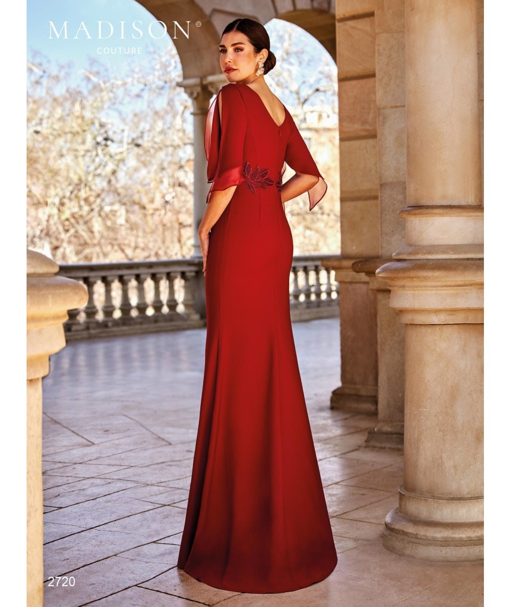 Apple red mother of the bride gown 2720 with V neckline and embroidered waist
