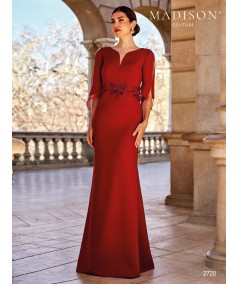 Apple red mother of the bride gown 2720 with V neckline and embroidered waist