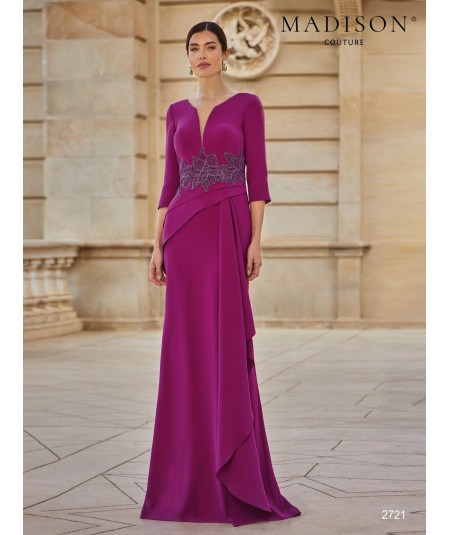 Mother of the bride gown 2721 with embroidered waist and diagonal overlay