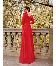 V-back view of gown 2723 with three-quarter sleeves and flowing skirt