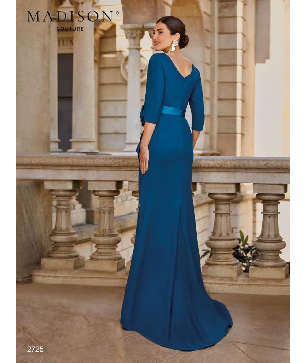 Petrol blue mother of the bride gown 2725 with large waist flower and satin band