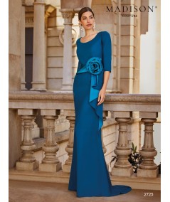 Petrol blue mother of the bride gown 2725 with large waist flower and satin band