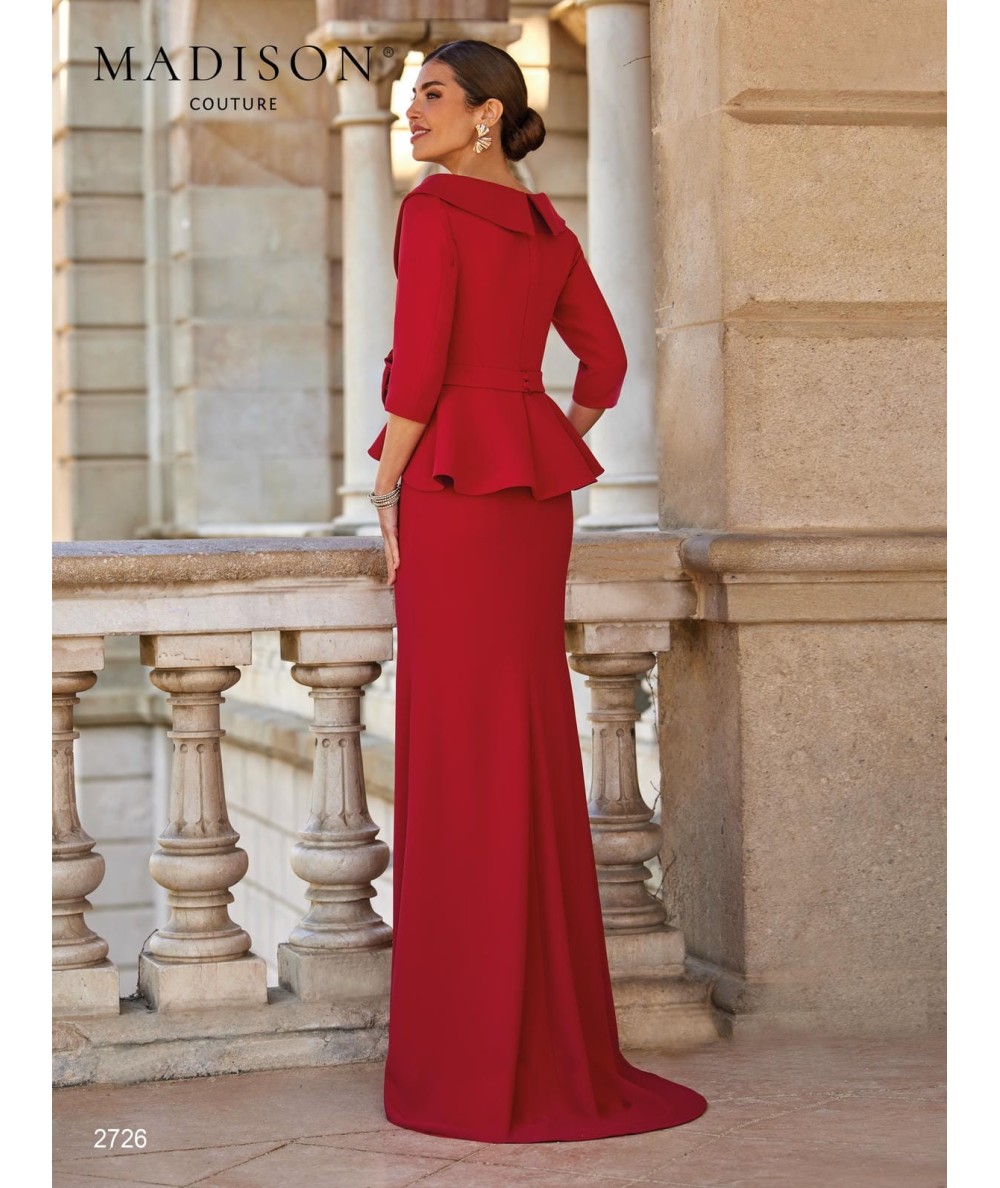 Apple red mother of the bride gown 2726 with crossed neckline and waist flower