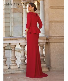 Back view of apple red gown 2726 with three-quarter sleeves and peplum
