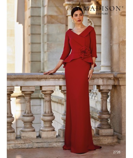 Apple red mother of the bride gown 2726 with crossed neckline and waist flower