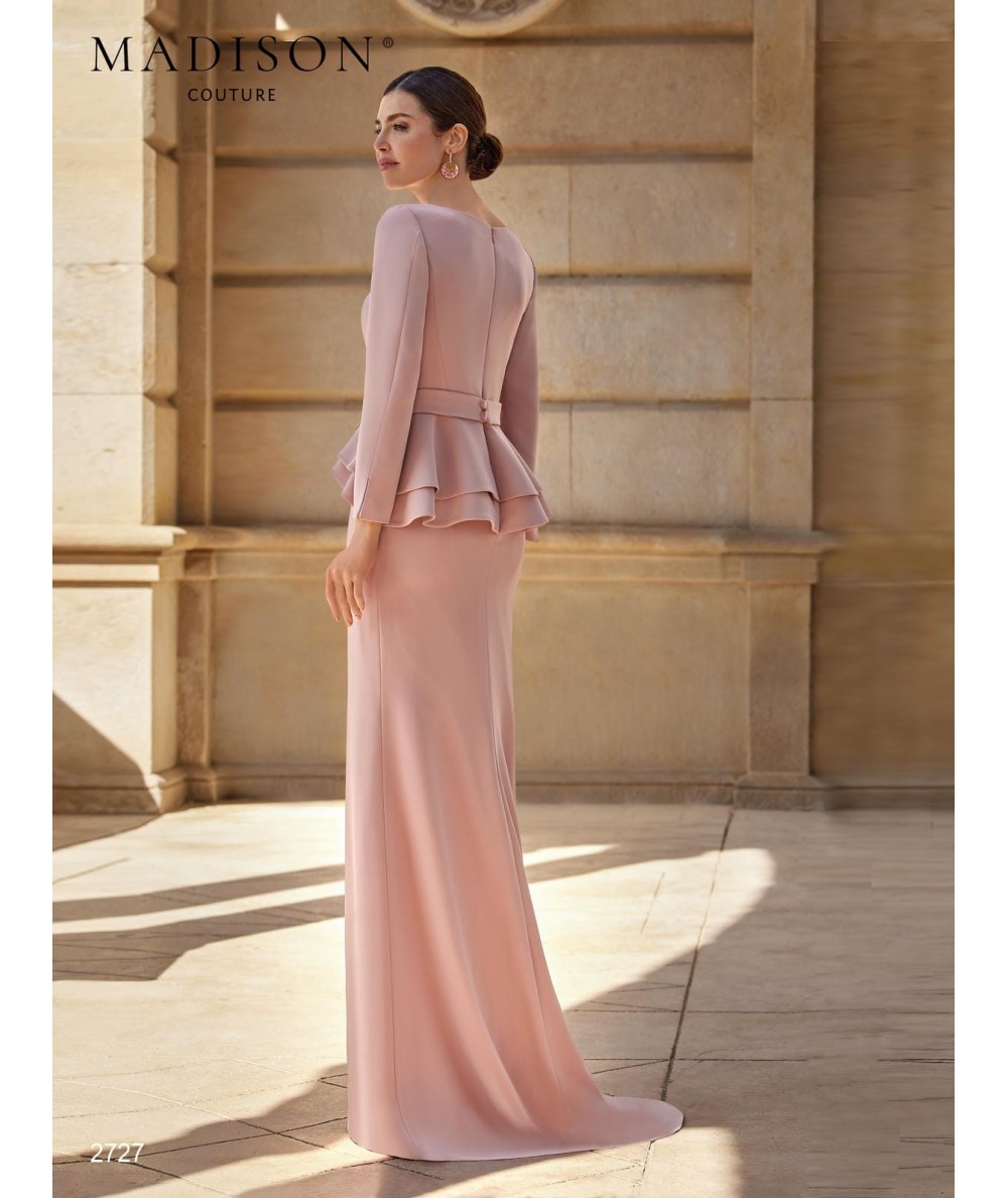 Nude blush mother of the bride gown 2727 with V neck, peplum and crystal waist