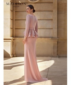 Back of long gown 2727 with long sleeves and layered peplum