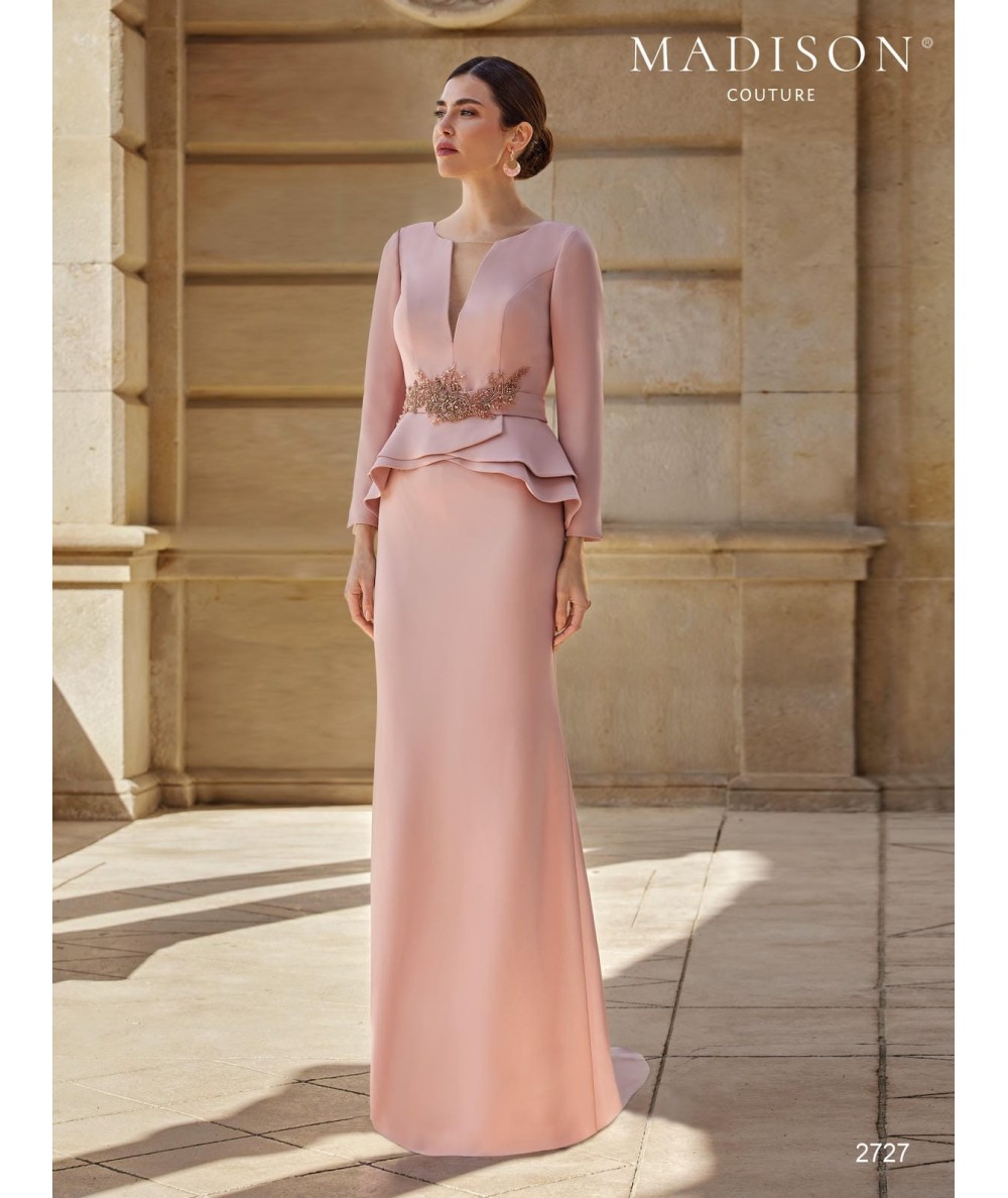 Nude blush mother of the bride gown 2727 with V neck, peplum and crystal waist