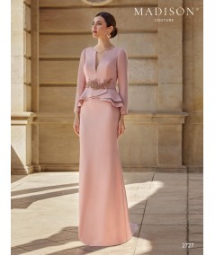 Nude blush mother of the bride gown 2727 with V neck, peplum and crystal waist