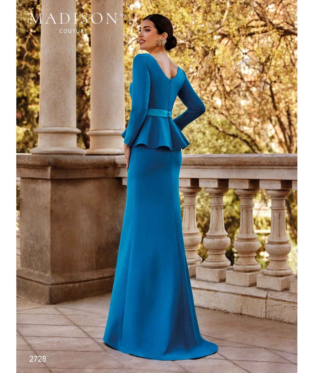 Turquoise mother of the bride gown 2728 with organza flower and peplum