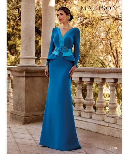 Turquoise mother of the bride gown 2728 with organza flower and peplum