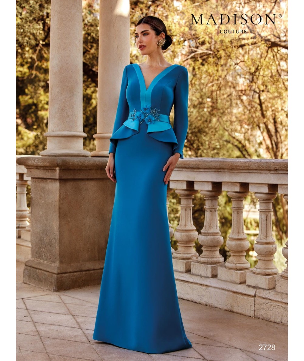 Turquoise mother of the bride gown 2728 with organza flower and peplum