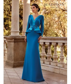 Turquoise mother of the bride gown 2728 with organza flower and peplum