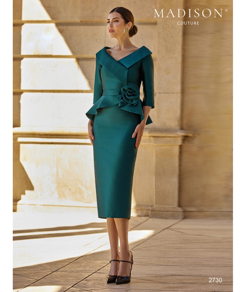 Midi mother of the bride dress 2730 with crossed neckline and waist flower