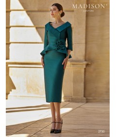 Midi mother of the bride dress 2730 with crossed neckline and waist flower