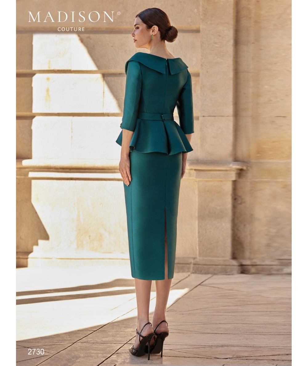Midi mother of the bride dress 2730 with crossed neckline and waist flower