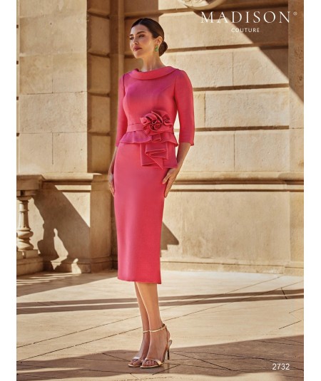Midi mother of the bride dress 2732 with waist flower and peplum