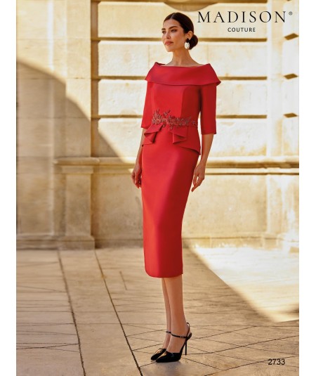 Midi mother of the bride dress 2733 with shoulder neckline and crystal waist