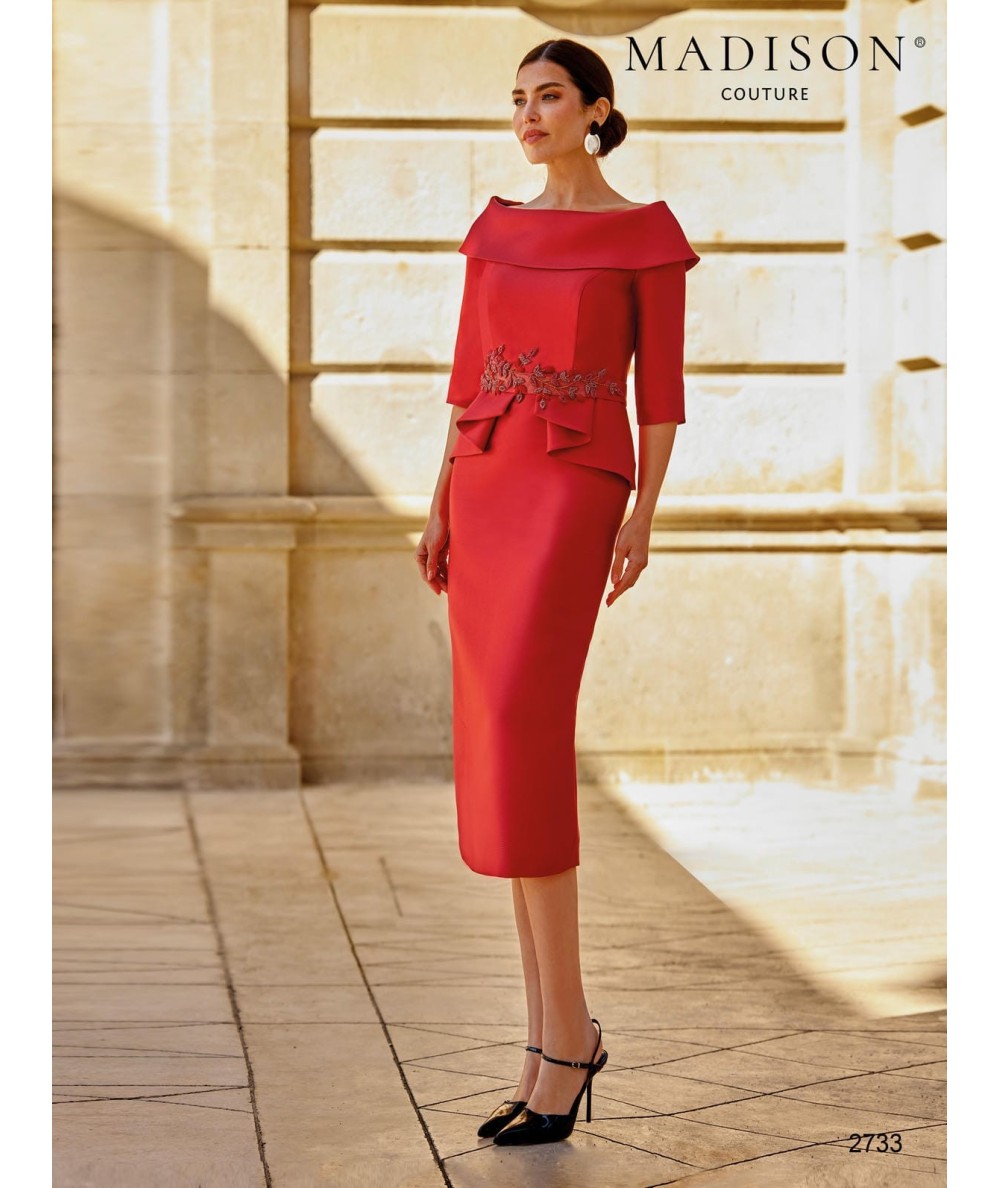Midi mother of the bride dress 2733 with shoulder neckline and crystal waist