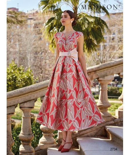 Floral jacquard midi mother of the bride dress 2734 with full skirt and bow belt