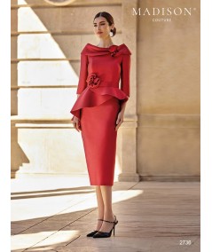 Midi mother of the bride dress 2736 with crossed neckline, flowers and peplum