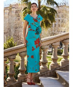 Printed mikado midi mother of the bride dress 2737 with asymmetric neckline