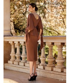 Back of midi dress 2738 with peplum, bow sleeves and skirt slit