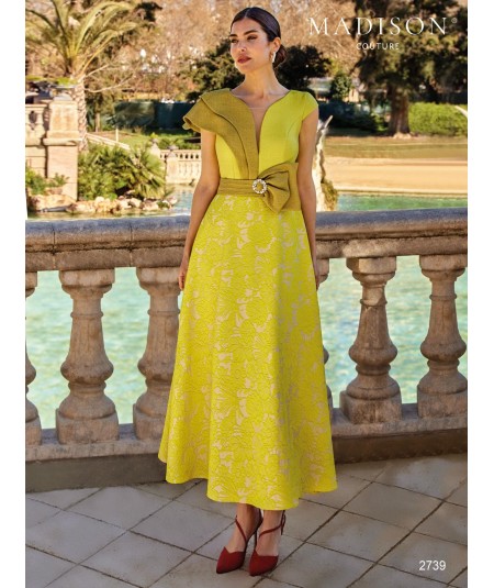 Brocade midi mother of the bride dress 2739 with full skirt and buckle belt