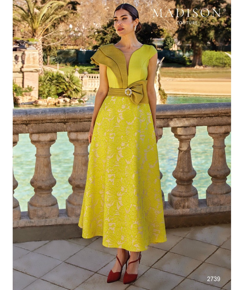 Brocade midi mother of the bride dress 2739 with full skirt and buckle belt