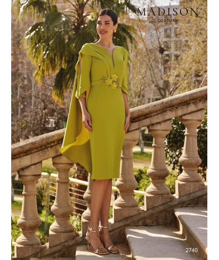 Olive green midi mother of the bride dress 2741 with flower and peplum