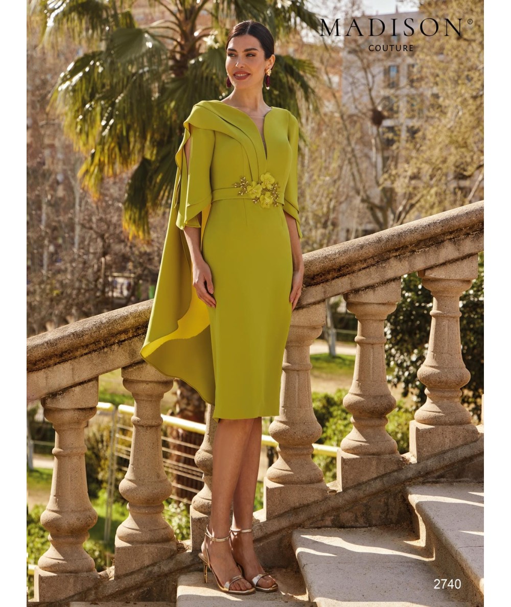 Olive green midi mother of the bride dress 2741 with flower and peplum
