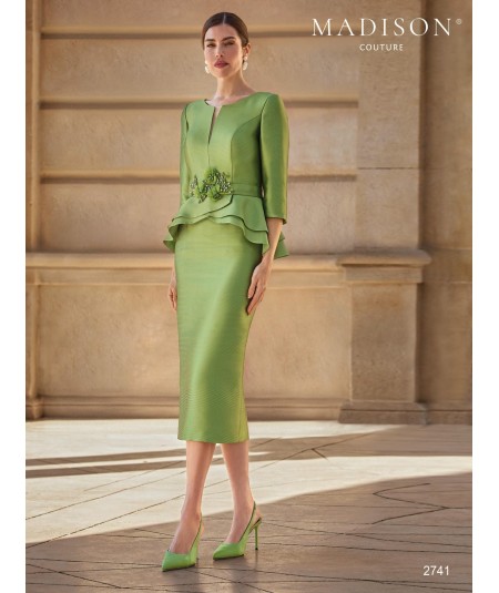 Olive green midi mother of the bride dress 2741 with flower and peplum