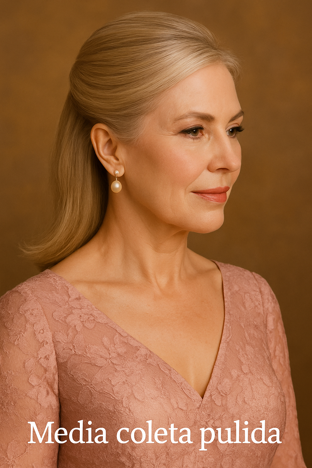 Mujer elegante con media coleta pulida, cabello rubio liso y brillante, vestido rosa empolvado, peinado moderno para bodas y fiestas.